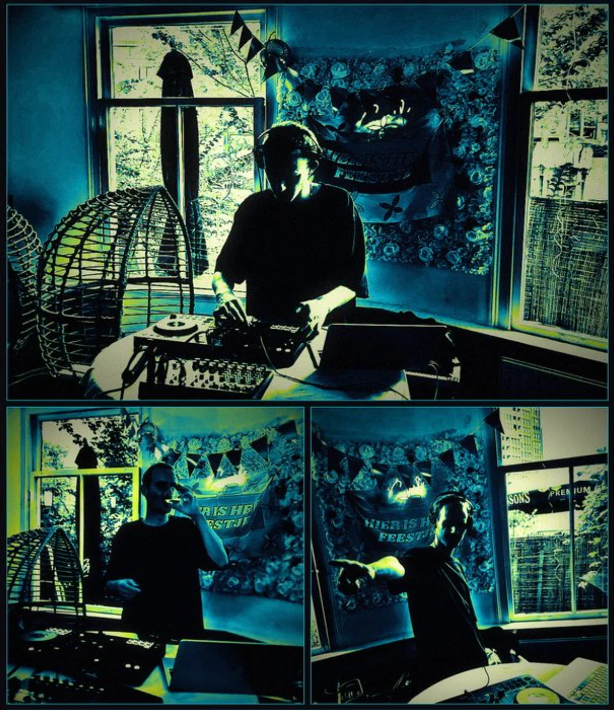 all-electric achter de decks, drie foto's in duotoon
