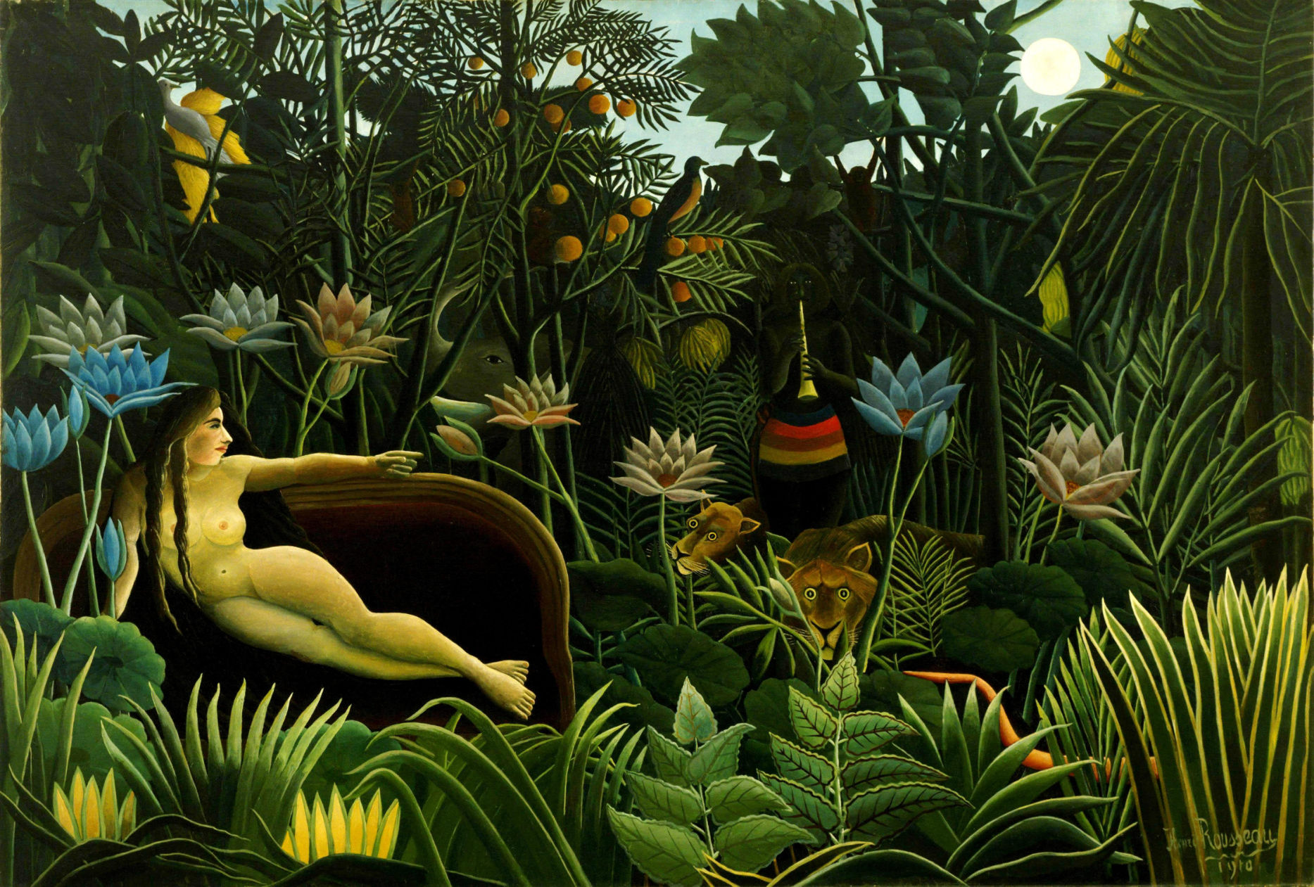 De droom van Henri Rousseau, een junglelandschap met liggende figuur, olieverf op doek uit 1910